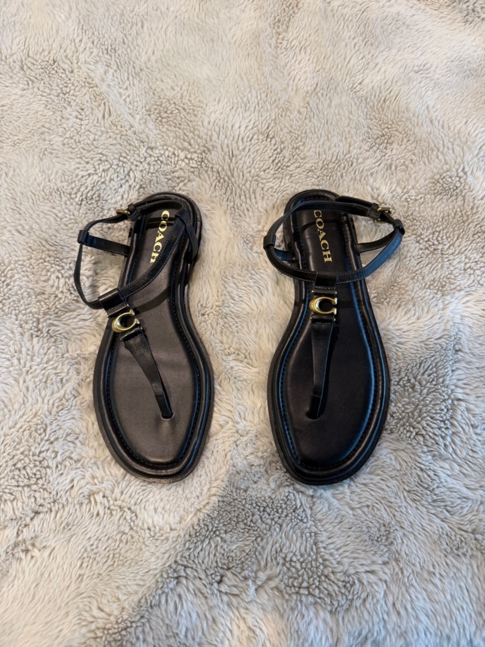 Coach Black Leather T-Strap Sandals with Gold Accent